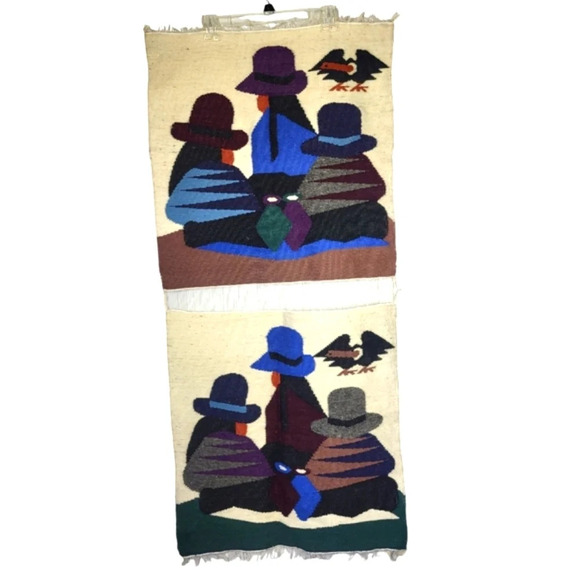 Peruvian Ecuador Handmade Tapestry of 3 Women in Ponchos & Hats Art Wall Hanging - Picture 1 of 11